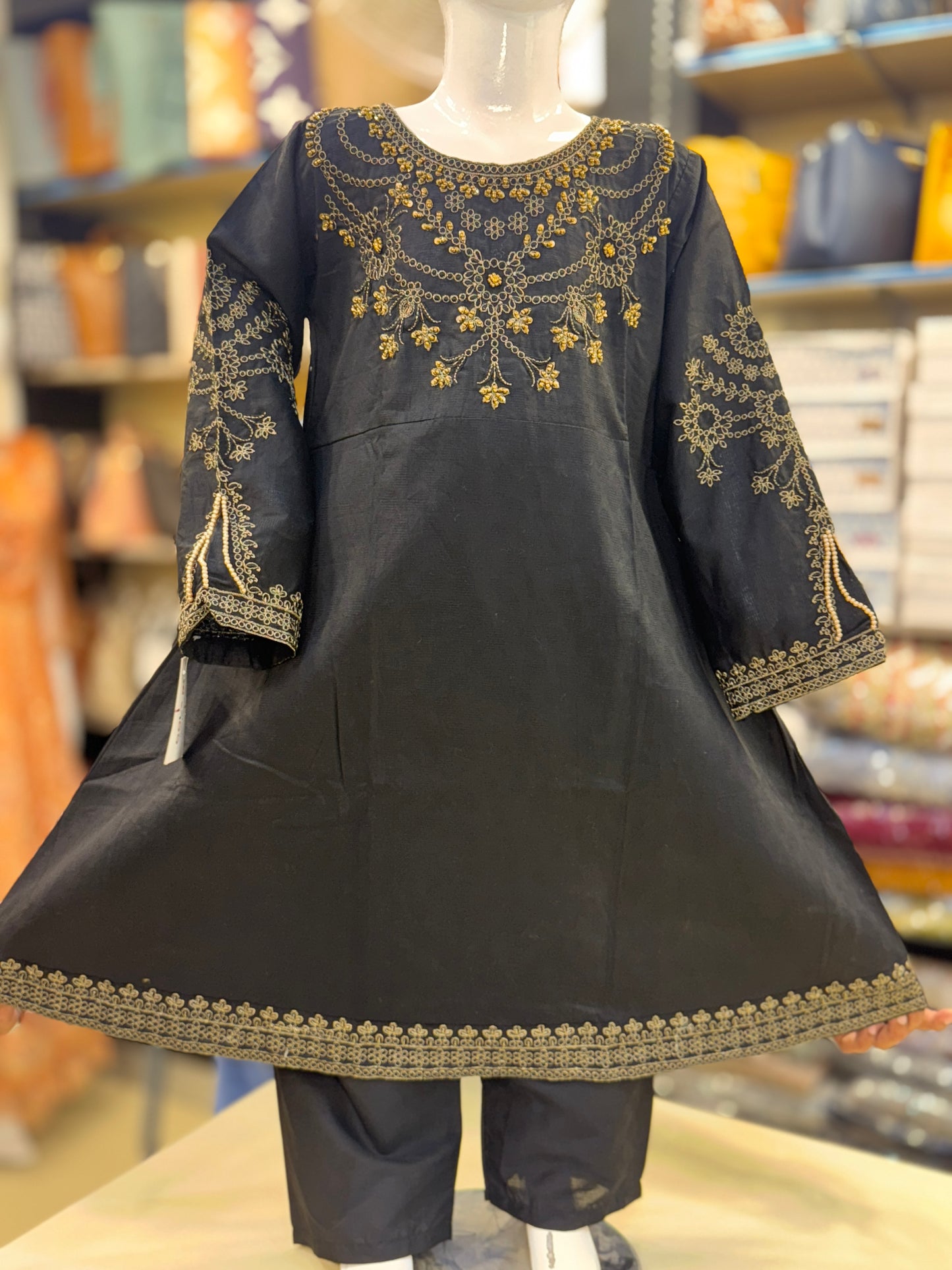 Self Lawn Hand Embroidered Frock & Trouser For Girls