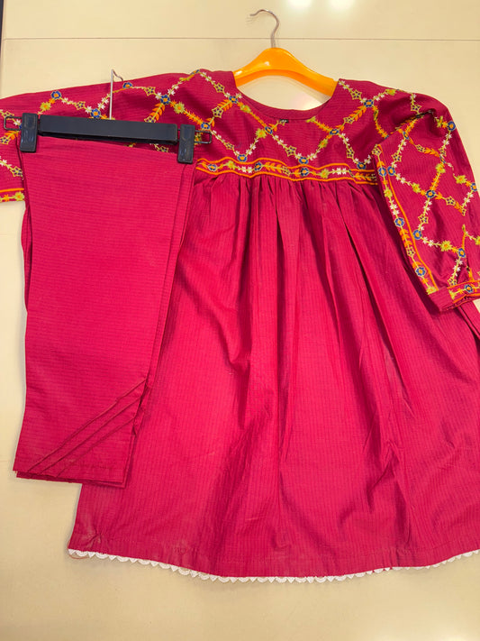 Self Lawn Embroidered Frock & Plain Trouser For Girls