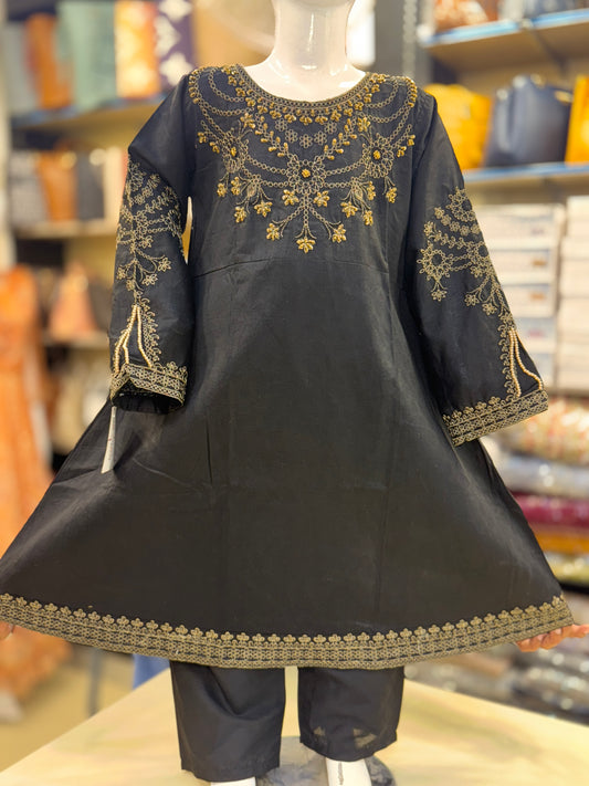 Self Lawn Hand Embroidered Frock & Trouser For Girls